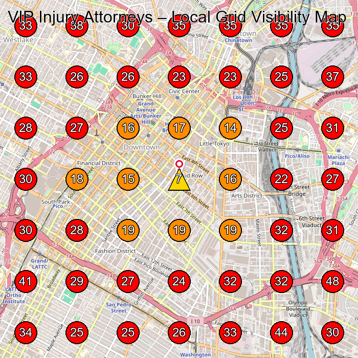 VIP Injury Attorneys GeoGrid visibility map for Personal Injury Attorney in Los Angeles